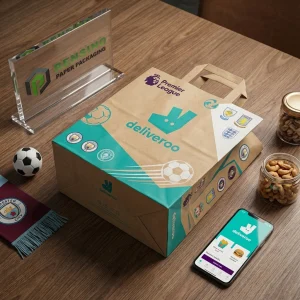 Braune Kraft Takeaway-Papiertüten mit bedrucktem Logo und Fußballmuster, geeignet für Lebensmittel- oder Geschenkverpackung, individuelles Design verfügbar