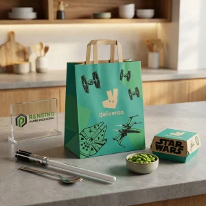 Sacola de Papel Verde com Texto Estilizado Impresso e Padrão de Naves Espaciais de Star Wars, Adequada para Embalagem de Alimentos ou Varejo, Design Personalizado Disponível