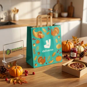 Sacchetto di carta turchese con illustrazione autunnale e logo Deliveroo, adatto per regali, vendita al dettaglio, alimenti o imballaggio cosmetico, servizio OEM/ODM disponibile