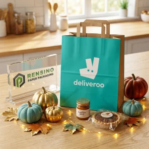 Borsa di Carta Turchese con Manici e Stampa del Logo, Adatta per Regali, Vendita al Dettaglio o Imballaggio Alimentare, Design Personalizzato Disponibile