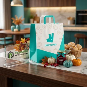 Borsa di carta turchese e bianca con manico, logo stampato deliveroo e motivo di foglia autunnale, adatta per confezioni regalo, alimentari o al dettaglio, servizio OEM/ODM disponibile