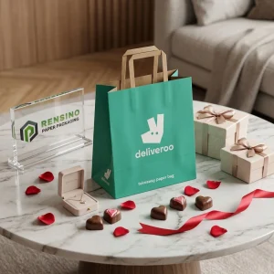Borsa di carta turchese con manico e logo, adatta per imballaggio regalo, vendita al dettaglio o alimenti, design personalizzato disponibile