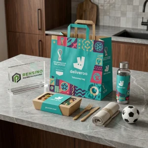 Sacchetto di carta teal e multicolore con logo e motivo stampati, adatto per confezioni regalo, alimentari o al dettaglio, servizio OEM/ODM disponibile
