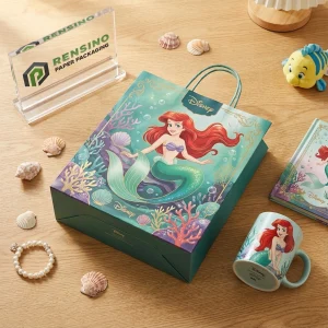 Borsa di Carta Verde Disney con Illustrazione di Sirena, Adatta per Confezioni Regalo o Vendita al Dettaglio, Stampa Logo Personalizzata Disponibile