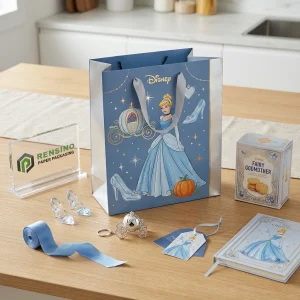 Borsa di Carta Blu Disney con Illustrazione di Cenerentola e Pannelli Laterali Argento, Adatta per Imballaggio Regalo o al Dettaglio, Stampa Logo Personalizzata Disponibile