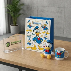 Bolsa de papel azul y blanca con patrón de dibujos animados de Donald Duck para empaquetado de regalos, impresión de logo personalizada disponible