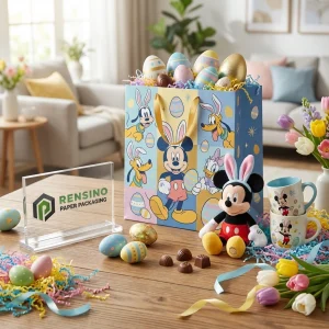 Bolsa de papel azul con patrón de huevo de Pascua y personaje de dibujos animados, adecuada para empaques de regalo o venta al por menor, impresión de logotipos personalizada disponible