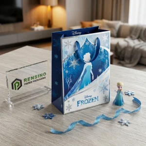 Sacchetto di carta blu Disney con personaggio di Frozen e motivo a fiocco di neve, adatto per confezioni regalo o al dettaglio, stampa logo personalizzata disponibile