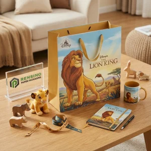 Sacchetto di carta giallo e blu del Re Leone Disney con illustrazione di leone stampata, adatto per imballaggio di regali o vendita al dettaglio, stampa del logo personalizzata disponibile