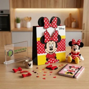 Sacchetto di carta rosso, bianco e giallo Disney con illustrazione di Minnie Mouse e orecchie 3D, adatto per confezionare regali, stampa di logo personalizzato disponibile
