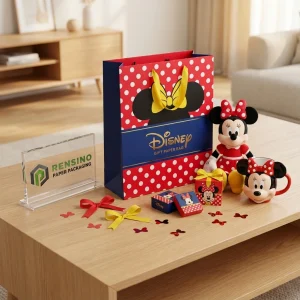 Borsa di carta rossa e blu Disney con motivo a pois e design del fiocco di Minnie Mouse, adatta per imballaggio regalo, stampa logo personalizzata disponibile