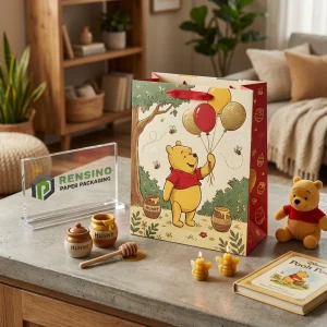 Bolsa de papel amarilla y roja con ilustración de globo de Winnie the Pooh y tarro de miel, adecuada para embalaje de regalos, impresión de logo personalizada disponible