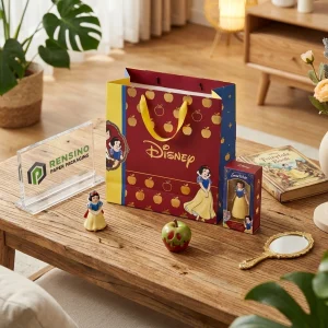 Sacchetto di carta Disney rosso e giallo con personaggio di Biancaneve e motivo di mela, adatto per confezioni regalo o vendita al dettaglio, stampa logo personalizzata disponibile
