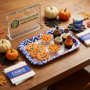 Blau-weißes Einwegpapierlebensmitteltablett mit Halloween-Kürbis-Muster, geeignet für Lebensmittelverpackung, individuelles Design verfügbar