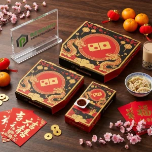 Schwarz-rote bedruckte Einweg-Pizzaverpackungsbox mit Drachen- und Laternenmuster, geeignet für Lebensmittelverpackung, OEM/ODM-Service verfügbar