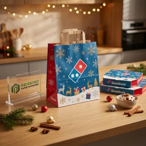 Sacs en papier alimentaire jetables bleus et rouges avec logo Domino’s imprimé et motif de renne en flocon de neige, impression de logo personnalisée disponible