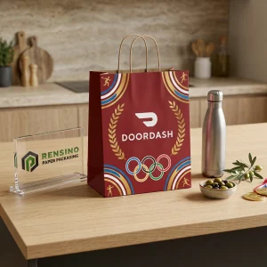 Sacchetto di carta rosso con logo olimpico e design stampato, adatto per regali, vendita al dettaglio o imballaggio alimentare, servizio OEM/ODM disponibile