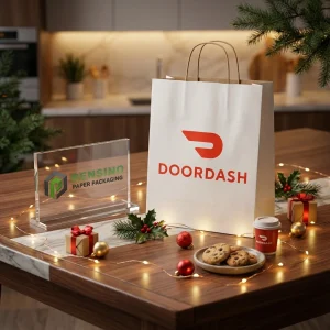 Sac en papier blanc avec logo rouge et poignées, adapté pour l'emballage de cadeaux ou de vente au détail, surface bien structurée, personnalisation prise en charge