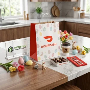 Saco de compras de papel impresso com padrão temático de Páscoa e logotipo DOORDASH, adequado para presente, varejo ou embalagem de alimentos, Serviço OEM/ODM Disponível