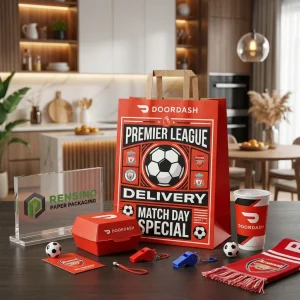 Bolsa de regalo de papel rojo con patrón de fútbol y logo, adecuada para regalo, venta al por menor, alimentos o embalaje de marca, servicio OEM/ODM disponible
