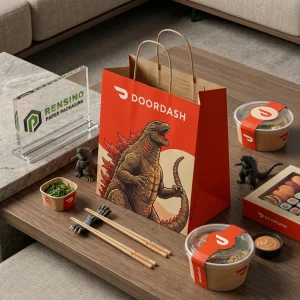 Sacchetto di carta rossa con logo DOORDASH stampato e illustrazione di dinosauro, adatto per regali, cibo o imballaggio al dettaglio, design personalizzato supportato
