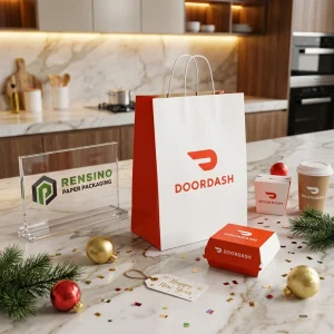 Sacchetto regalo in carta rossa e bianca con logo DOORDASH stampato e manico, adatto per imballaggio alimentare o al dettaglio, stampa logo personalizzata disponibile
