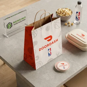 White and Red Paper Gift Bag with NBA and DOORDASH Logos, Suitable for Retail or Food Packaging, Custom Design Available