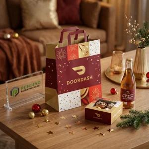Sacchetto regalo in carta rossa e oro con motivo di fuochi d'artificio e logo, adatto per imballaggio di regali, vendita al dettaglio, alimenti o cosmetici, servizio OEM/ODM disponibile