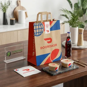 Bolsa de regalo DOORDASH de papel kraft con logo impreso y patrón geométrico, adecuada para regalo, venta al por menor, embalaje de alimentos o cosméticos, servicio OEM/ODM disponible