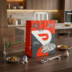 Red Paper Bag with Star Wars Starships and Logo Print, Suitable for Gift, Retail, Food, or Cosmetic Packaging, Custom Design Available