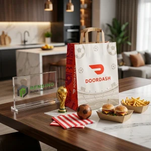 Sac en papier blanc avec impression rouge et thème de football, adapté pour l'emballage alimentaire ou de vente au détail, service OEM/ODM disponible