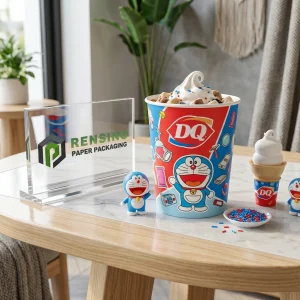 Blaues und rotes bedrucktes Papierlebensmittelverpackung mit Cartoon-Charakter-Muster für Lebensmittelverpackungen, individuelles Design verfügbar