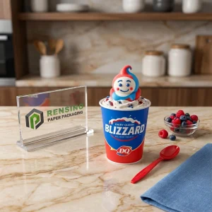 Blaues und rotes bedrucktes Papierlebensmittelverpackung mit Dairy Queen Blizzard-Branding, geeignet für Lebensmittelverpackungen, individuelles Design verfügbar