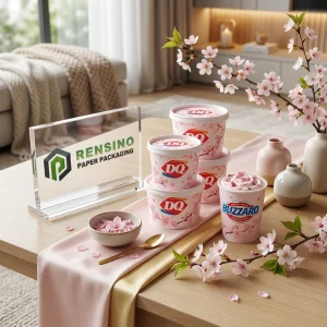 Tazze di carta alimentare stampate in rosa con motivo di fiori di ciliegio, adatte per confezionamento di gelato o dessert congelati, servizio OEM/ODM disponibile