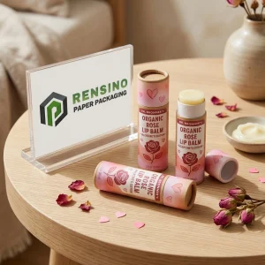 Imballaggio per Tubo di Balsamo Labbra in Carta Rosa con Motivo di Rosa e Cuore, Adatto per Uso Cosmetico o Regalo, Design Personalizzato Disponibile