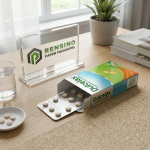 Scatola di carta bianca con testo stampato e pillole medicinali, adatta per confezioni farmaceutiche, design personalizzato disponibile