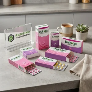 Boîte en papier pharmaceutique rose et violet avec texte Dulcolax imprimé et motif de capsule, adaptée pour l'emballage pharmaceutique, service OEM/ODM disponible
