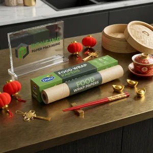Brauner Lebensmittelverpackungsrollenpapier mit bedrucktem “FOOD WRAP PAPERS”-Text und grünem Muster, geeignet für Lebensmittel- oder Einzelhandelsverpackungen, OEM/ODM-Service verfügbar