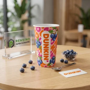 Tazza di carta stampata arancione e rosa con illustrazione di mirtilli per imballaggio di bevande, stampa logo personalizzata disponibile