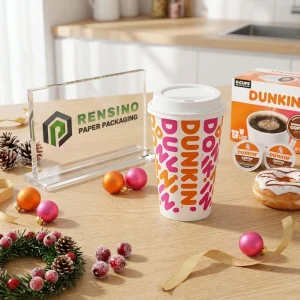 Tazza di Carta Bianca con Logo Colorato DUNKIN’, Adatta per Imballaggio di Caffè e Bevande