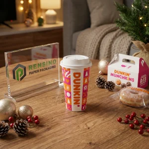 Gobelets en papier jetables roses et oranges avec motif de vacances et texte “DUNKIN'”, impression de logo personnalisée disponible