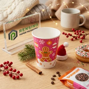 Pink Paper Cup with Christmas Gingerbread and Ornaments Print, Suitable for Gift, Food, or Retail Packaging, OEM/ODM Service Available