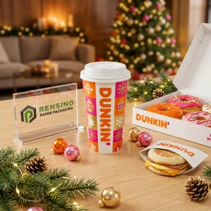 Tazza di carta stampata arancione e rosa e imballaggio alimentare in carta con testo Dunkin’ e motivo decorativo natalizio, adatta per imballaggio di cibo e bevande, servizio OEM/ODM disponibile