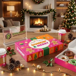 Scatola di Imballaggio Usa e Getta Rosa e Arancione con Motivo di Albero di Natale e Omino di Pan di Zenzero, Adatta per Imballaggio Alimentare, Stampa Logo Personalizzata Disponibile