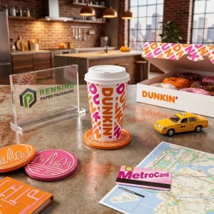 सफेद पेपर कॉफी कप रंगीन Dunkin’ लोगो के साथ, कस्टम डिज़ाइन उपलब्ध