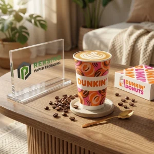 Taza de café de papel colorida con patrón de donuts y granos de café, impresión de logo personalizada disponible