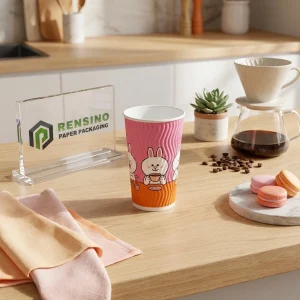 Pink Paper Cup with Bunny Illustration and Wavy Pattern
