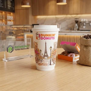 Tazza di carta bianca con illustrazione del panorama di Parigi, adatta per imballaggio di caffè e bevande