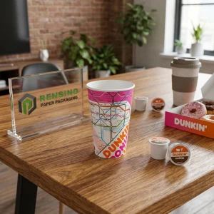 Gobelet en papier avec le logo Dunkin’ Donuts et un design de carte, adapté pour l'emballage de café et de boissons