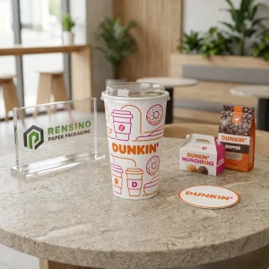 Bicchiere di carta bianca con illustrazioni di caffè e ciambelle rosa e arancione per imballaggio di bevande, servizio OEM/ODM disponibile
